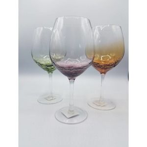☆Set of 3 Multicolored Pier 1 Wine Glasses Crackle Balloon 8.5” Red Wine